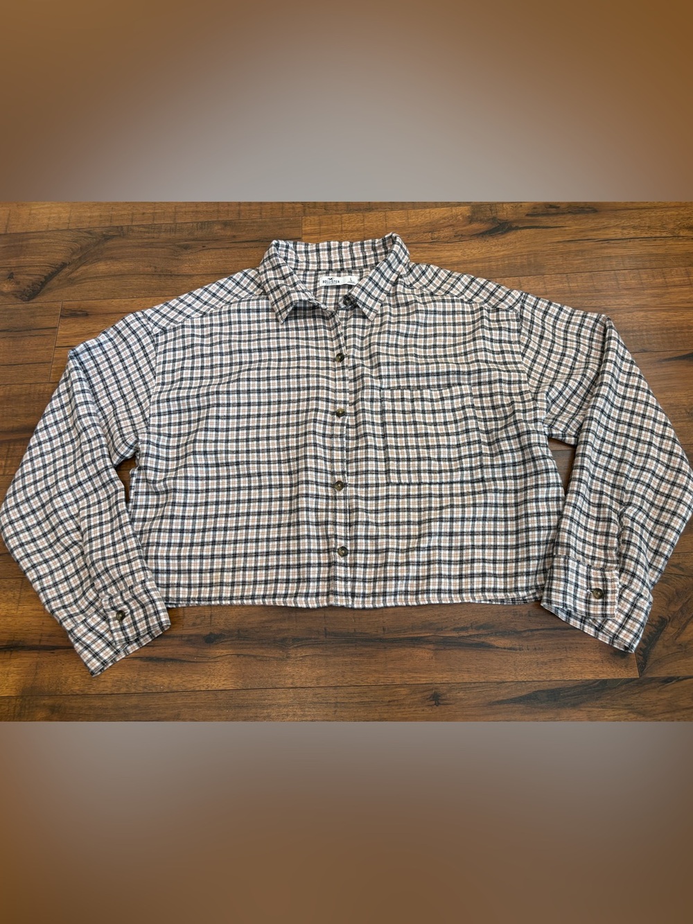 Hollister Shirt Womens Large Plaid Flannel Cropped Button Up Black/Tan